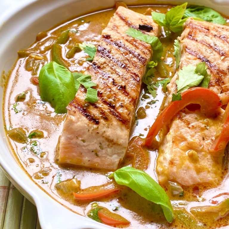 Grilled Salmon in Thai Red Curry Sauce - Lean Bellas Kitchen