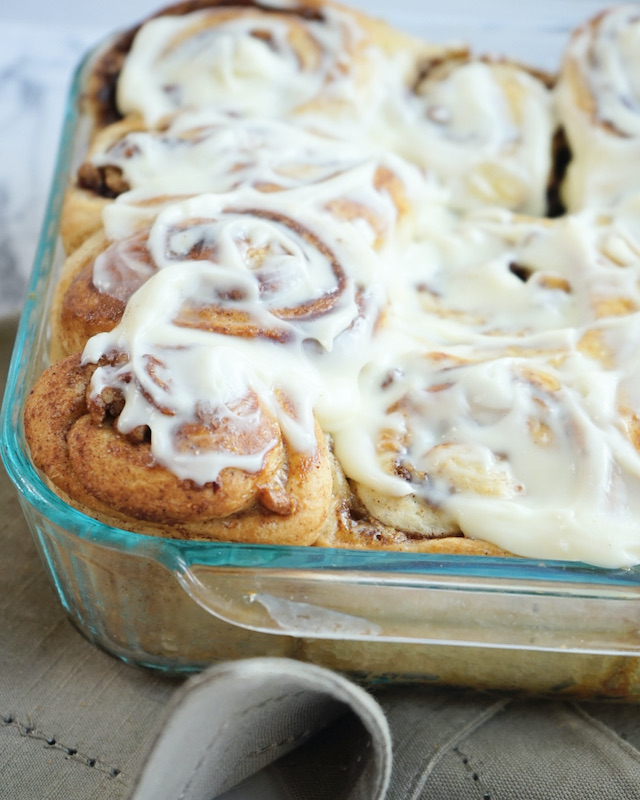 Baking dish with the baked cinnamon rolls. 