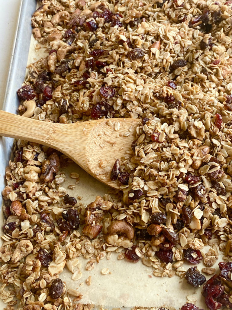 Sheet pan with baked granola.