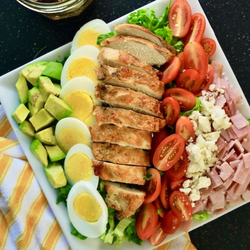 Crispy Chicken Cobb Salad on a platter