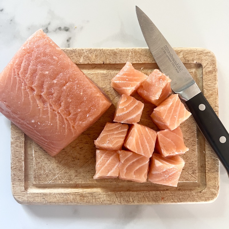 Seared Honey Ginger Salmon Bowl cubed salmon fillet